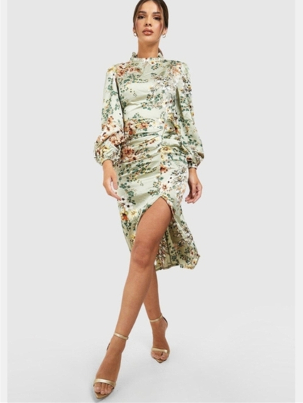 Floral Print High Neck Ruched Midi Dress Sage Green Fairycore Size 4 Boohoo - Picture 13 of 13